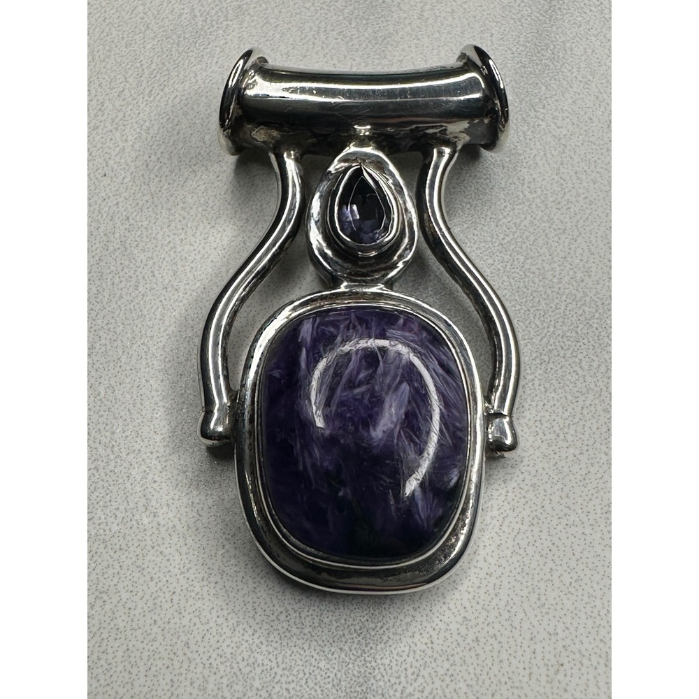 Sterling Silver 925 Charoite Amethyst Slide Pendant Purple Gemstone Artisan Boho